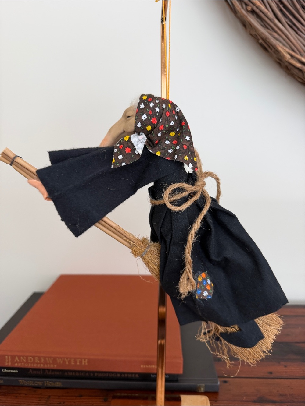 Vintage Good Luck Black Fabric Flying Kitchen Witch With Broom. - Picture 2 of 9